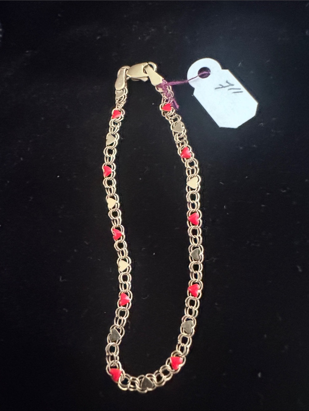 14K Gold Chain Bracelet with Red hearts - Women's Jewelry - Picture 2 of 4